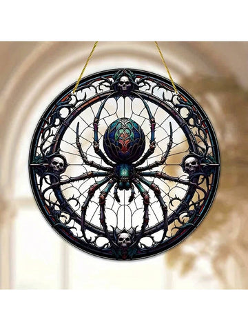 This unique Halloween window decor features spiders and skeletons on a stained glass suncatcher. Add a touch of spooky elegance to your home for the holiday season. Crafted with quality materials, this suncatcher will provide a stunning Halloween display for years to come.