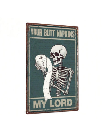 Add a touch of vintage charm to your home bathroom decor with the Butt Napkins My Lord: Vintage Skeleton Metal Tin Sign. Made of durable metal, this sign features a skeleton design and humorous phrase. Perfect for adding a unique and playful touch to your bathroom.