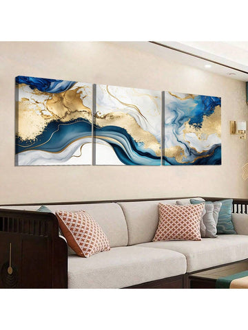 Modern Glam Oil Art Print Set - Elegant Abstract Golden Foil & Blue Marble Canvas for Chic Home Decor