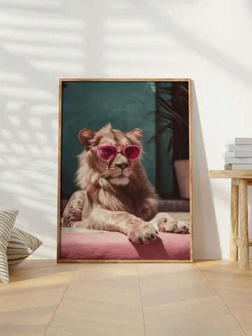 Add a pop of personality to your space with this chic canvas art featuring a cool lion wearing pink sunglasses. Its unique design makes it the perfect wall décor for your home or a thoughtful gift for any occasion. Versatile for any room, it's a great addition to your living room, sofa backdrop, or bedside decoration. Frame not included.