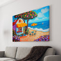This beautiful canvas wall art showcases a stunning Mediterranean seaside landscape with colorful floral accents, perfect for brightening up your living room or serving as a backdrop for your sofa or bedside decor. Transform your home into a tranquil beach house with this exquisite piece of art.
