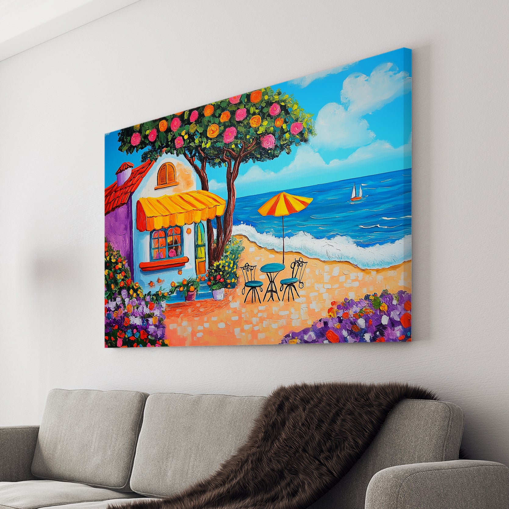 This beautiful canvas wall art showcases a stunning Mediterranean seaside landscape with colorful floral accents, perfect for brightening up your living room or serving as a backdrop for your sofa or bedside decor. Transform your home into a tranquil beach house with this exquisite piece of art.