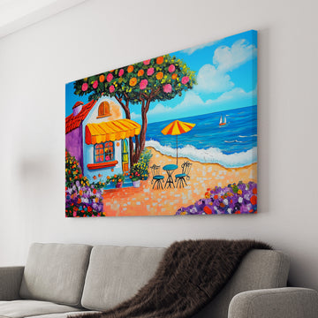 This beautiful canvas wall art showcases a stunning Mediterranean seaside landscape with colorful floral accents, perfect for brightening up your living room or serving as a backdrop for your sofa or bedside decor. Transform your home into a tranquil beach house with this exquisite piece of art.