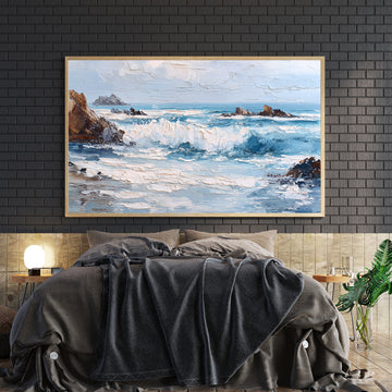 Elevate your living space with this Coastal Ocean Wave Canvas Wall Art, featuring a textured seascape painting that brings the serene beauty of the ocean indoors. Perfect as a living room centerpiece, sofa backdrop, or bedside decoration, this artwork adds depth and tranquility to any home decor. Its rich textures and calming hues create a sophisticated ambiance, making it an ideal choice for those seeking expert-level style and a peaceful atmosphere.