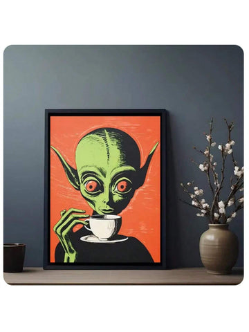 Cosmic Caffeine: Retro Alien Coffee Canvas Print for Enchanting Home Décor, Sofa Backdrop, Bedside Decoration, Home Decor, No Frame