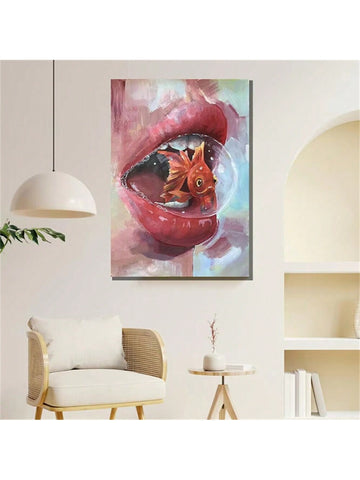 Add a touch of whimsy to your living room with this surreal canvas art print of a goldfish in a mouth. Perfect for decorating your sofa backdrop or bedside with a unique touch. Expand your home decor with this charming piece, frame not included.