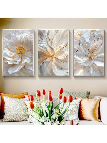 Enhance your modern home décor with our Elegant Frameless Golden Leaf Stamen Canvas Art. This 3-piece set features a stunning design of golden leaves, adding a touch of elegance to any room. With no frame, the art seamlessly blends with your wall for a sleek look.