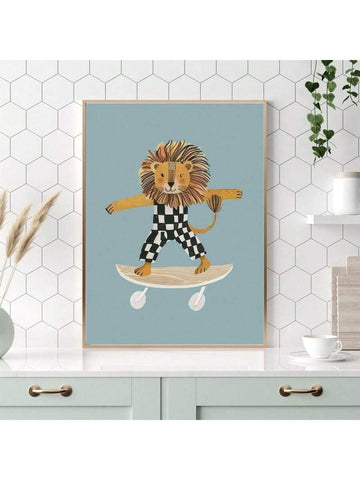 This modern canvas wall art features a cartoon skateboard lion, adding a fun and unique touch to any room. The waterproof material makes it suitable for both home and office décor. Enhance your space with this stylish and durable piece.
