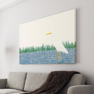 Add a touch of coastal beauty to your home with our Modern Coastal Wall Art Canvas. Featuring a majestic White Heron against a backdrop of Blue Dots and Green Reeds, it's perfect for decorating your living room, sofa backdrop, or bedside. Elevate your home decor with this stunning piece.