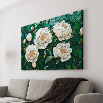 Enhance your living space with our Mosaic Wall Art Canvas Print featuring stunning white peony flowers against a green background. The perfect addition to any living room, sofa backdrop, or bedside for a touch of natural beauty. Bring your home decor to life with this elegant and versatile piece.