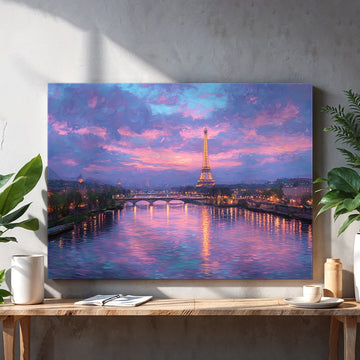 Capture the enchanting beauty of Paris at dusk with this Paris Sunset Canvas Wall Art. Featuring the iconic Eiffel Tower and the serene Seine River, this cityscape adds a sophisticated touch to your living room, sofa backdrop, or bedside area. Crafted to enhance your home decor, it brings warmth and elegance, creating a calming ambiance that complements any interior style. Perfect for those seeking to infuse their space with timeless charm and expert artistry.