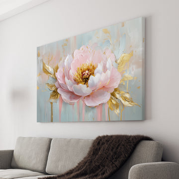 Elevate your home decor with our Pink Peony Floral Canvas Wall Art featuring stunning gold leaf accents. Perfect for the living room, sofa backdrop, or bedside, this piece adds a touch of elegance to any room. Bring the beauty of nature indoors with this must-have piece.