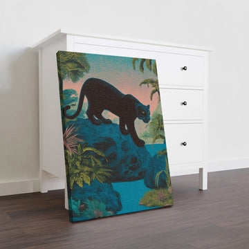 Elevate your living space with this Tropical Black Panther Jungle Art Canvas Print. Expertly crafted, it features a striking black panther set against lush tropical foliage, adding depth and sophistication to any room. Ideal as a living room centerpiece, sofa backdrop, or bedside decoration, this canvas print brings a bold yet elegant touch to your home decor. Its high-quality materials ensure durability and vivid colors that enhance your interior with a captivating jungle ambiance.