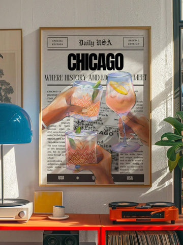 Celebrate the spirit of Chicago with this vibrant newspaper-style wall art featuring iconic cocktail imagery. Perfect for adding a unique touch to your home decor, this print captures the lively atmosphere of Chicago’s bar scene. Its bold design and rich colors make it an excellent gift for cocktail enthusiasts and city lovers alike, enhancing any space with a sophisticated yet playful vibe.
