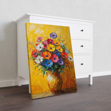 This oil painting on canvas features a vibrant floral bouquet in a vase, adding a touch of elegance to any room. With its beautiful flowers and vibrant colors, this canvas art is the perfect addition to your living room, bedroom, or any other space in need of a decorative touch. Elevate your home decor with this stunning piece of art.