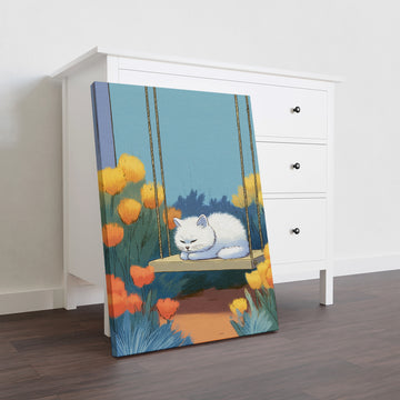 Enhance your living space with this elegant Sleeping White Cat Canvas Wall Art featuring a serene garden swing scene. Perfectly sized for living rooms, sofa backdrops, or bedside decoration, this print adds a calming and sophisticated touch to your home decor. Crafted to bring tranquility and charm, it complements various interior styles while creating a peaceful ambiance.