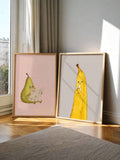 1-2Pcs Cute Cartoon Fruit Whimsical Reading Pear & Banana Illustration Canvas Poster 