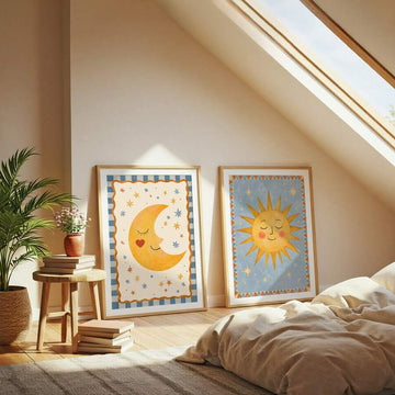 1-2pcs Danish Pastel Smiling Sun & Sleeping Moon Canvas Poster Set
