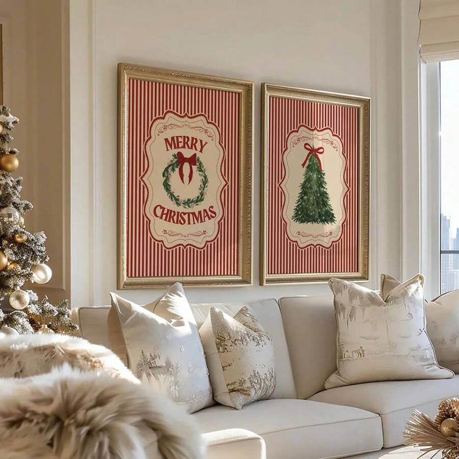 Vintage Candy Cane Christmas Canvas poster featuring a festive wreath and tree. Perfect for farmhouse, rustic, traditional, and cozy holiday decor.