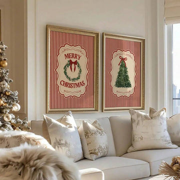 Vintage Candy Cane Christmas Canvas poster featuring a festive wreath and tree. Perfect for farmhouse, rustic, traditional, and cozy holiday decor.