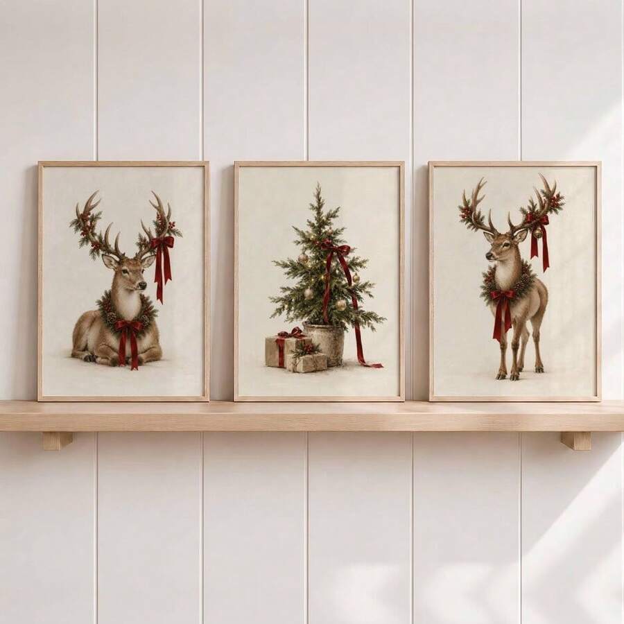 1-3Pcs Vintage Reindeer & Christmas Tree Cozy Winter Rustic Farmhouse Canvas Poster 