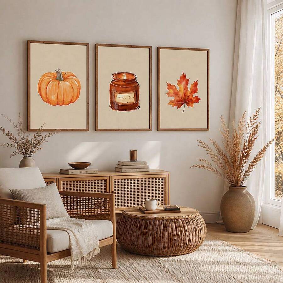 Cozy Autumn Pumpkin and Scented Candle Canvas poster set with warm seasonal charm. Perfect for farmhouse, rustic, cottagecore, kitchen, and fall decor.