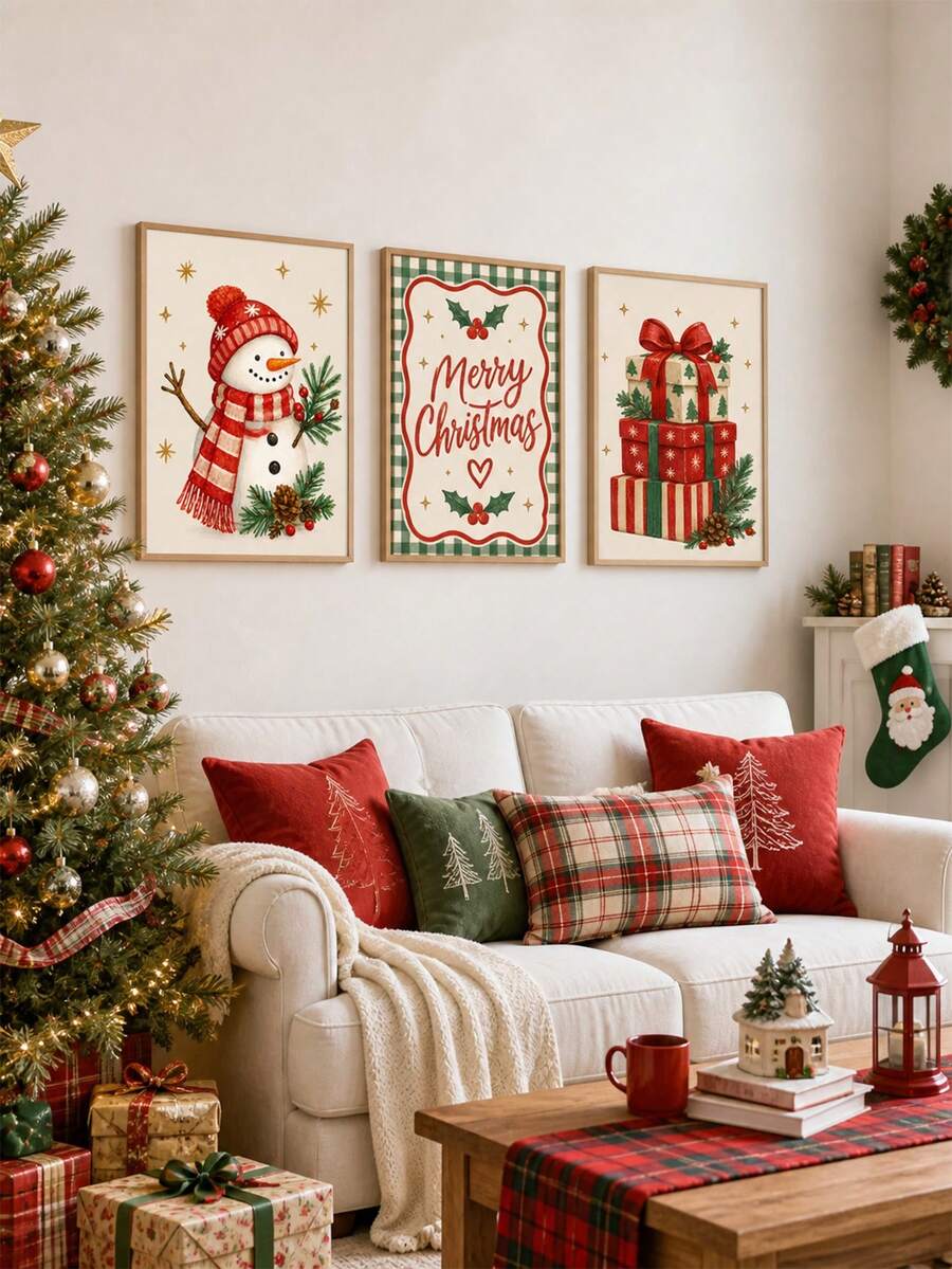 Three-piece Christmas canvas wall art set with snowman, Merry Christmas sign, and wrapped gifts