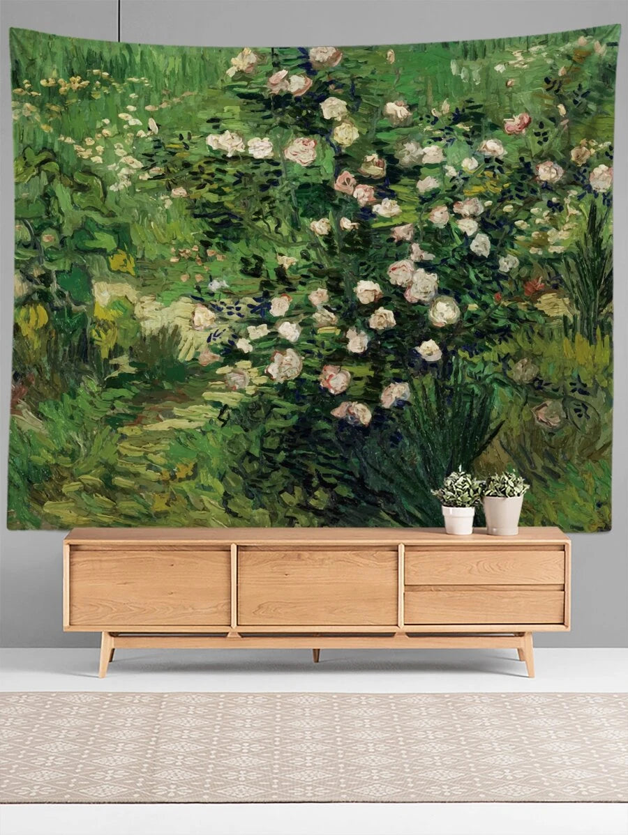 Green impressionist rose garden tapestry hanging above wood console in living room