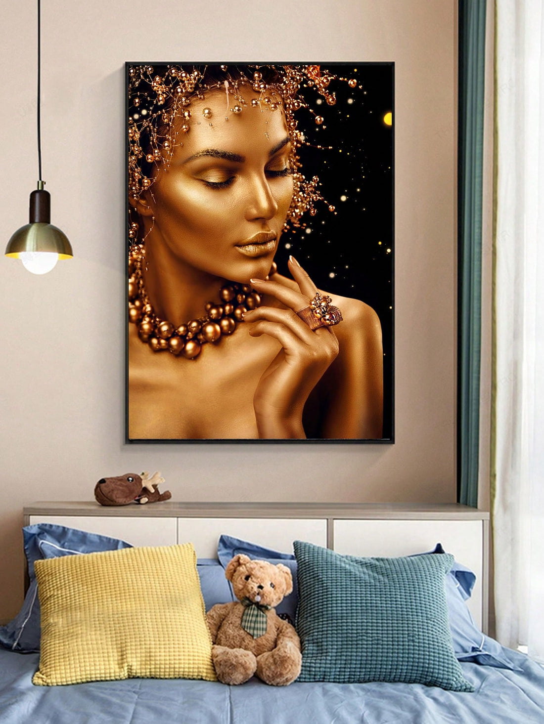 This modern wall art painting features elegant golden women, adding a touch of sophistication to any home decor. Printed on high-quality canvas, this poster does not require a frame, making it easy to hang and display. Elevate your space with this stylish and unique piece of wall art.