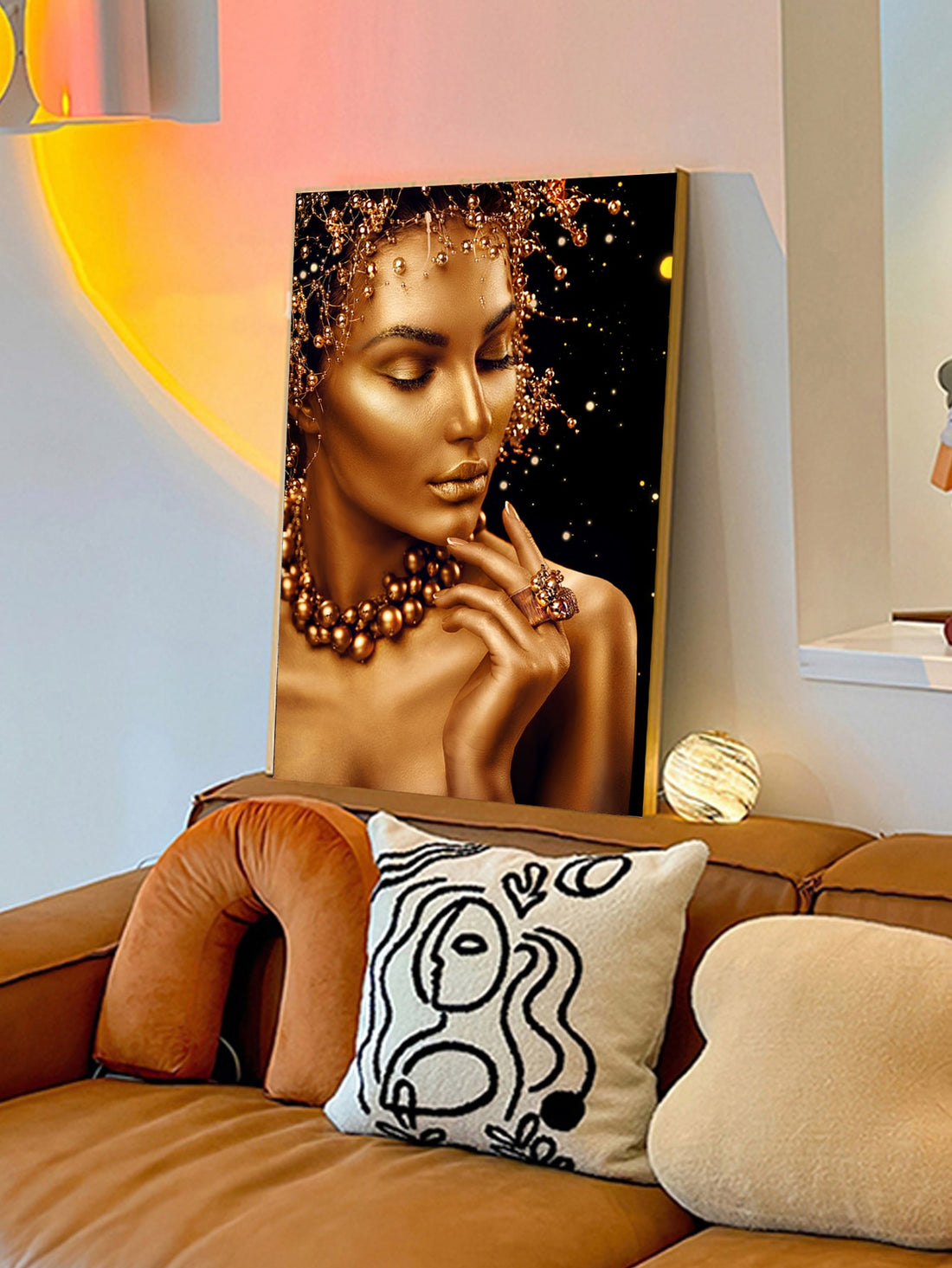 This modern wall art painting features elegant golden women, adding a touch of sophistication to any home decor. Printed on high-quality canvas, this poster does not require a frame, making it easy to hang and display. Elevate your space with this stylish and unique piece of wall art.