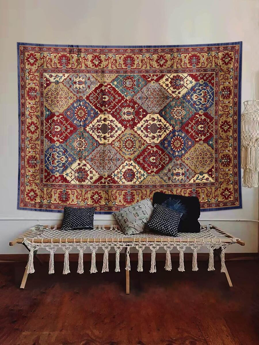 Rectangular modernist flower tapestry with ornate floral border and multicolor diamond patchwork