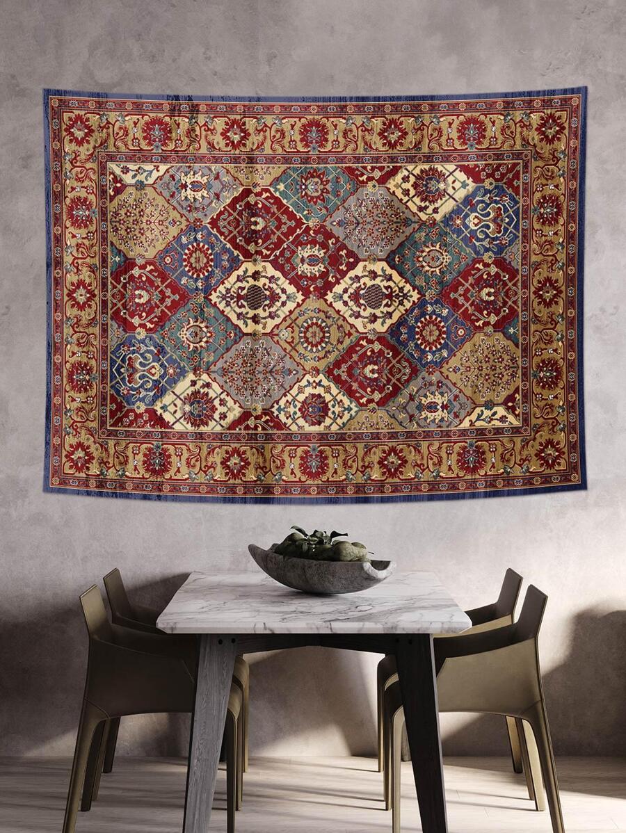 Rectangular modernist flower tapestry with ornate floral border and multicolor diamond patchwork