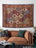 Persian style tapestry displayed above dining table as boho room decor