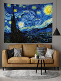 Blue and yellow art tapestry displayed above tan sofa in modern living room