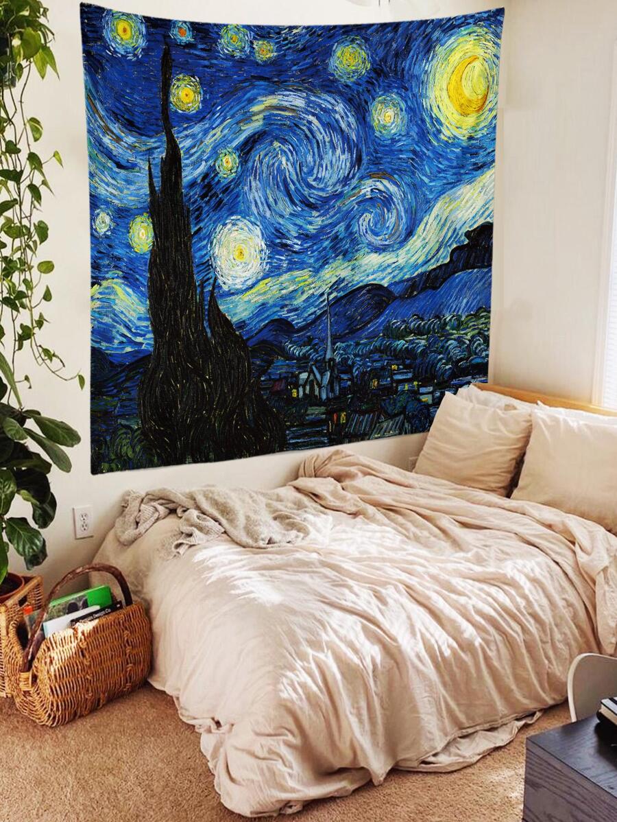 Starry night tapestry over cream bedding with plant and wicker bedroom decor