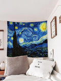 Blue starry night wall tapestry above white bed with rise and shine pillow