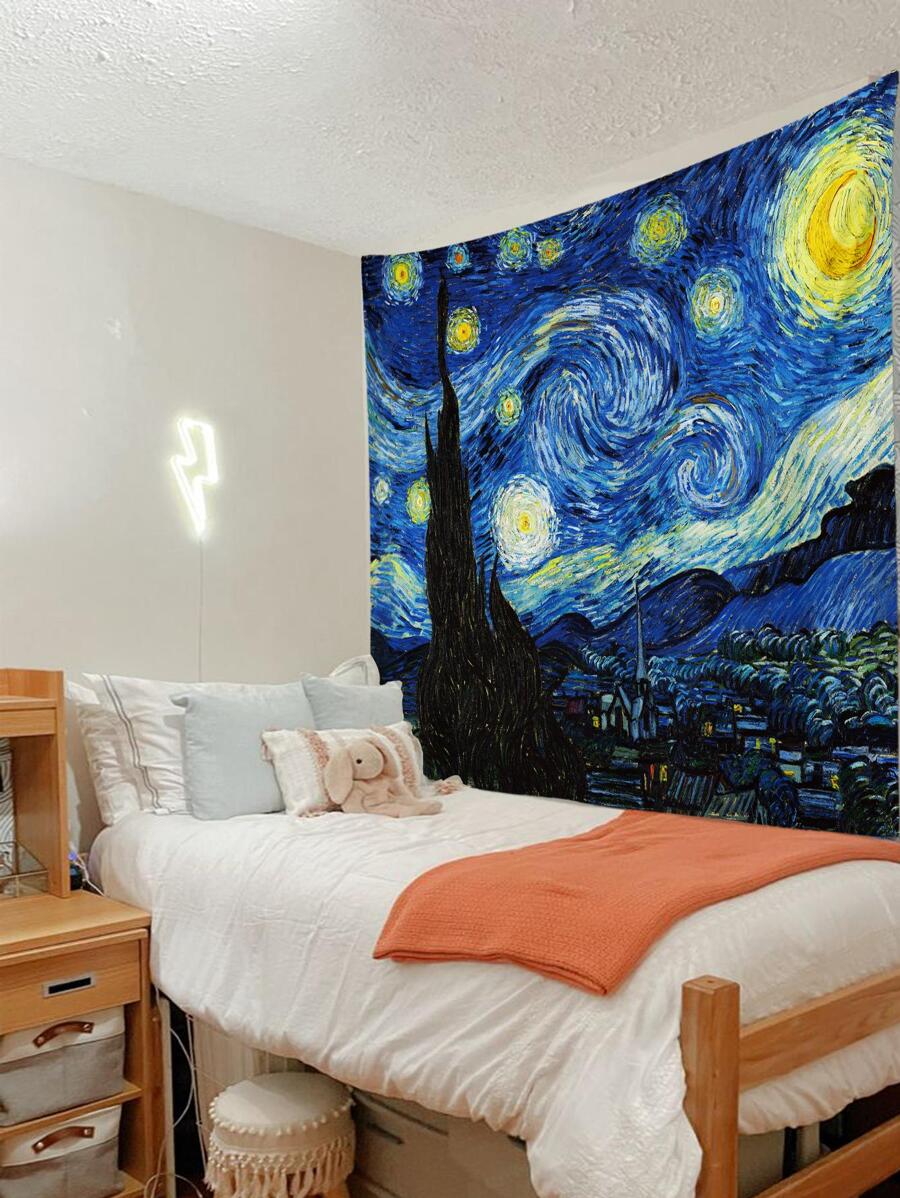 Starry Night style oil painting tapestry above bed with blue swirling sky