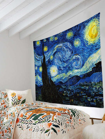 Starry night art tapestry styled above floral bedding in a bright bedroom