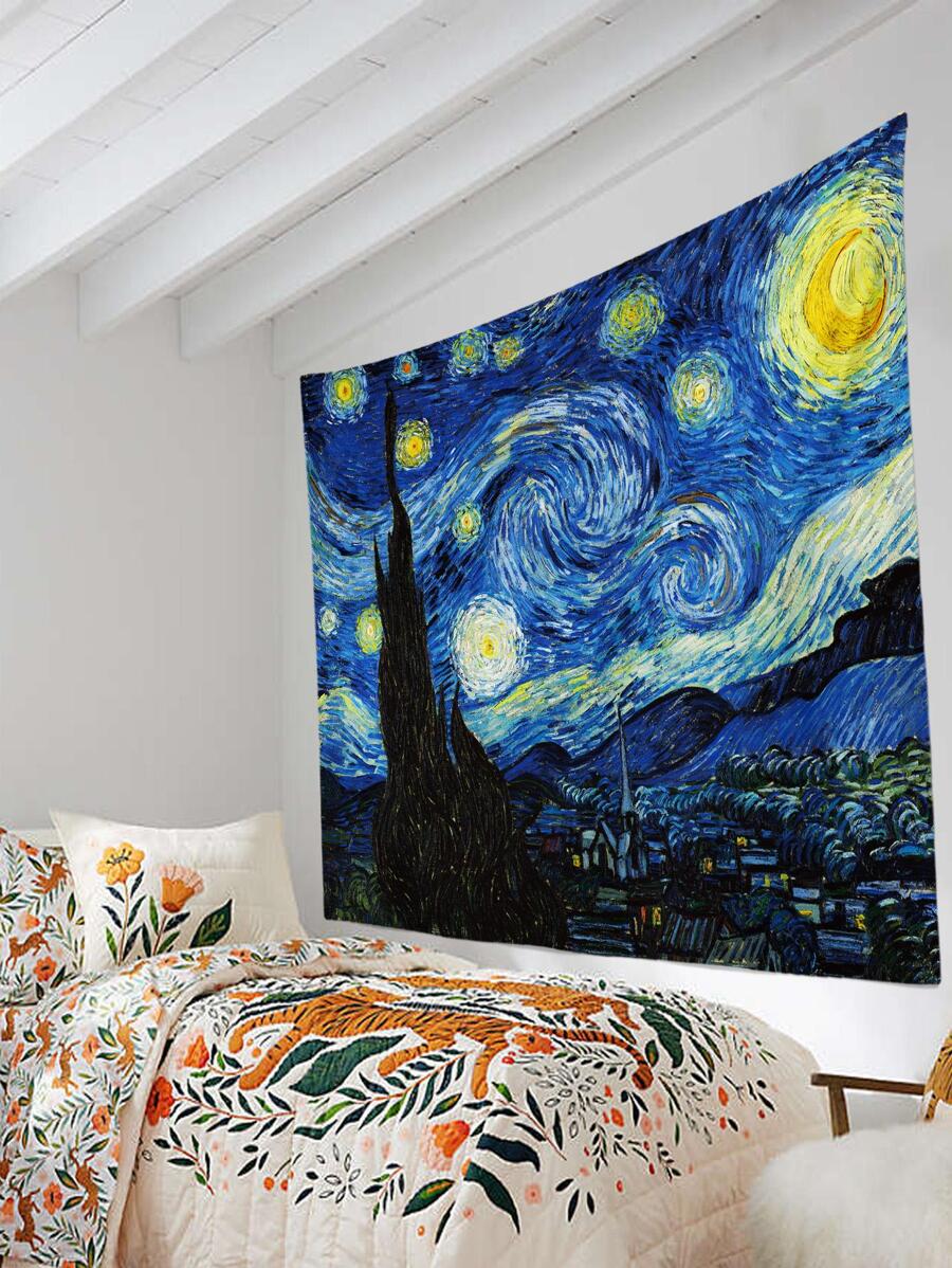 Starry Night style oil painting tapestry above bed with blue swirling sky