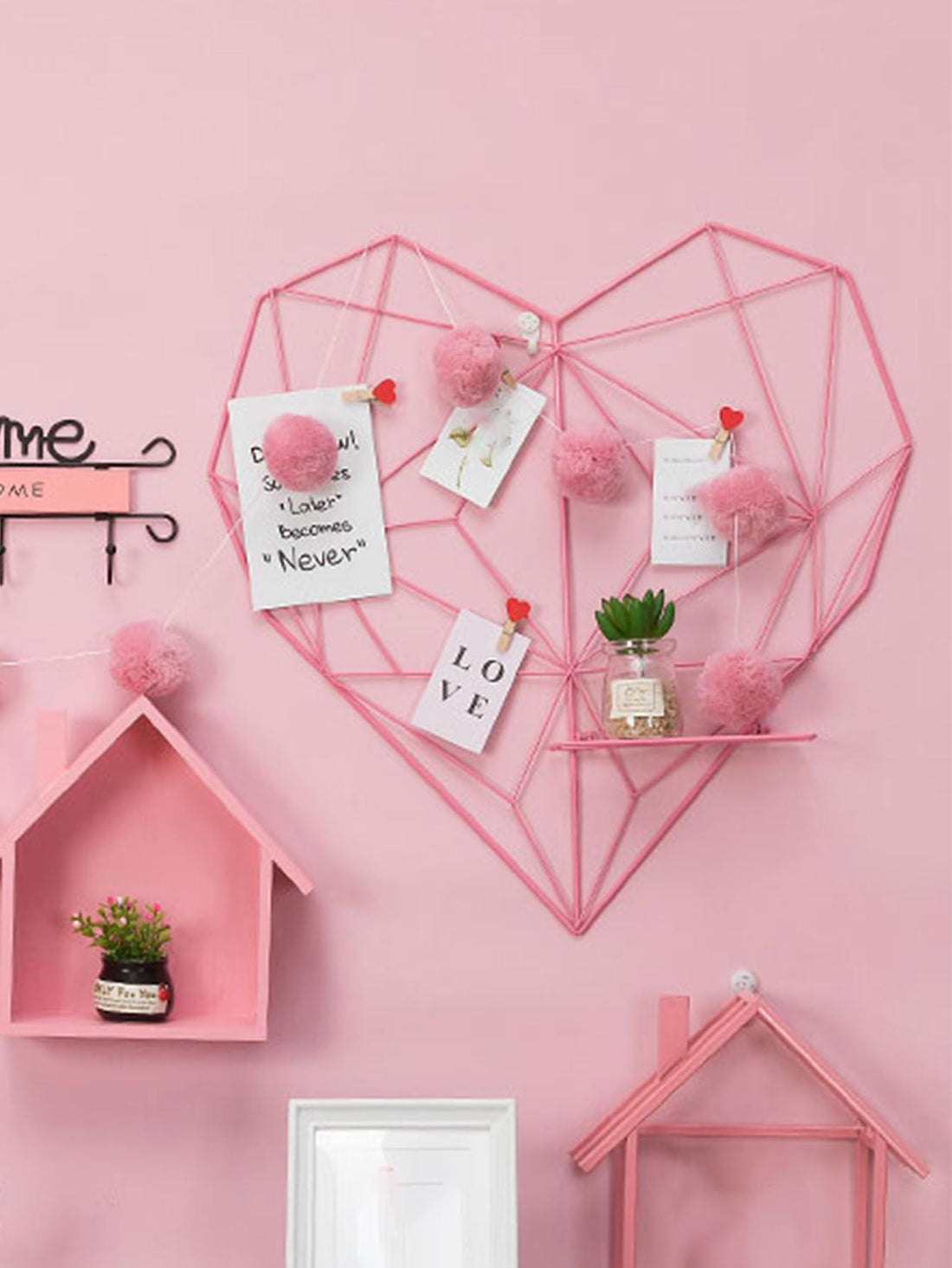 Transform your room with the Pretty in Pink heart-shaped wall mounted organizer shelf decoration. Keep your space organized in style while adding a touch of love with this unique and functional piece. Made with high-quality materials, it's a perfect addition to any room.