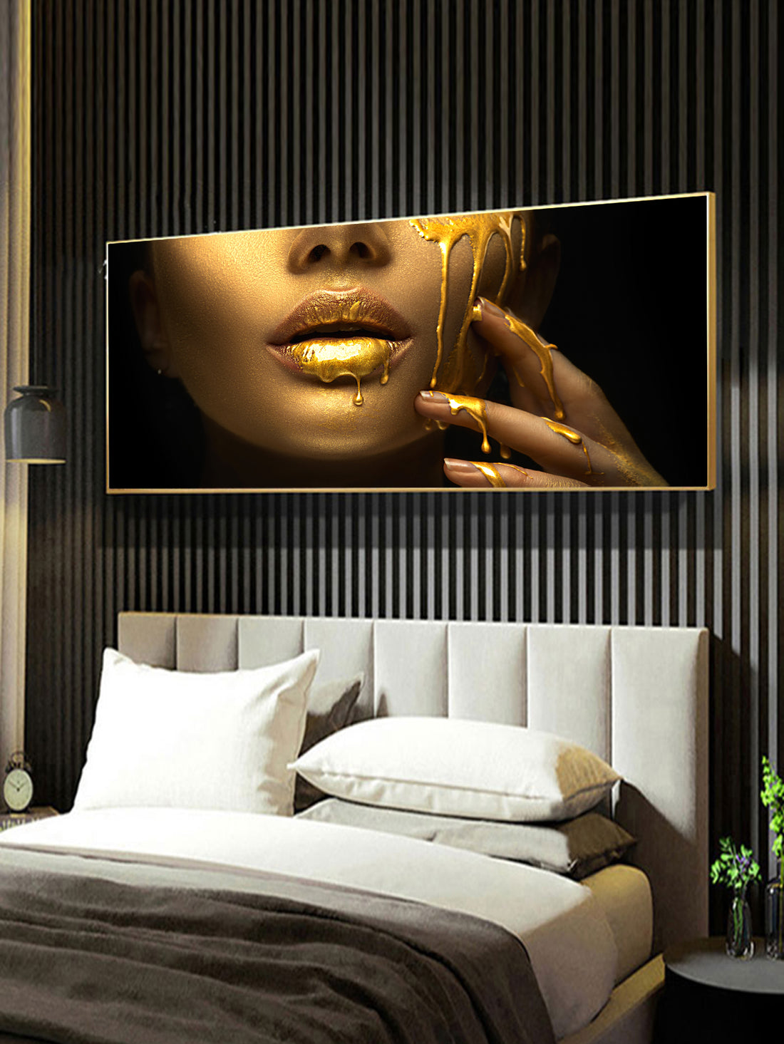 This modern canvas poster features a stunning depiction of a golden beauty, perfect for adding a touch of elegance to any space. Its facial art design adds a unique and captivating element to any room. Made with high-quality materials and ready to hang, this poster is a must-have for any art lover.