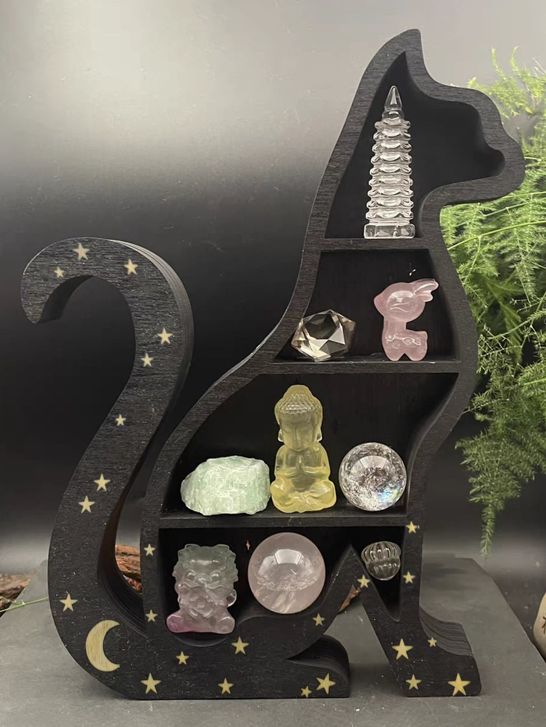 Charming Cat-Themed Wooden Crystal Stone Shelf - A Whimsical Touch for Home & Office Décor