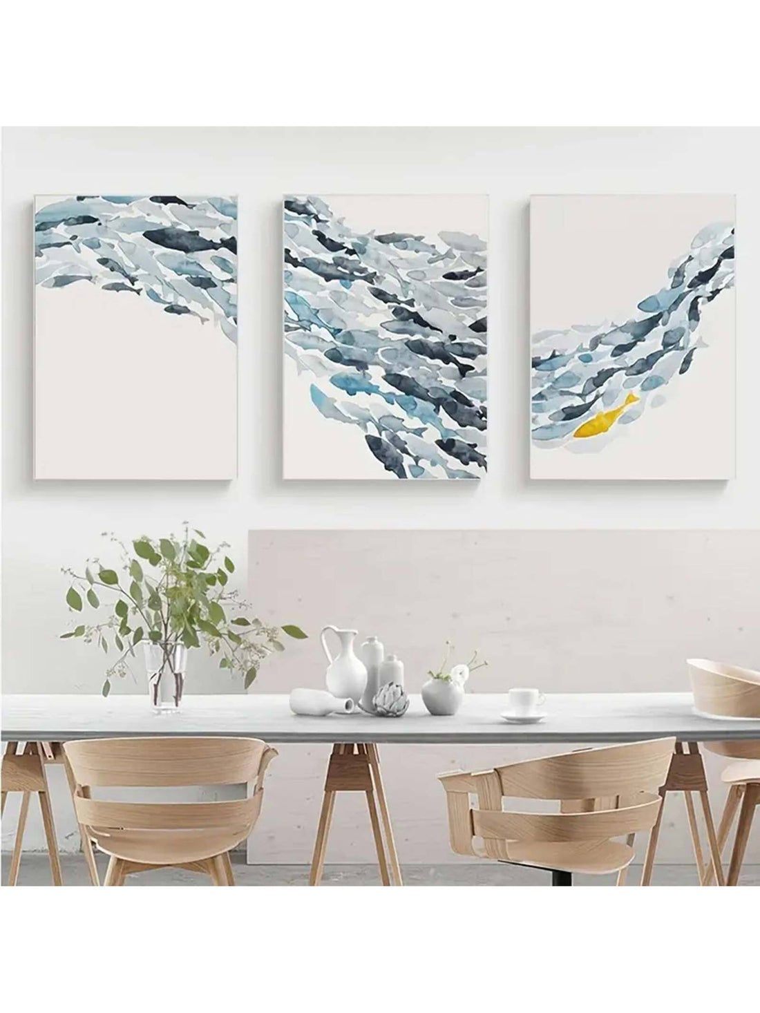 Experience the serene beauty of underwater life with our Vibrant Underwater Serenity Canvas Wall Art Set. This 3-piece unframed set features watercolor fish, adding a touch of color and tranquility to any room.