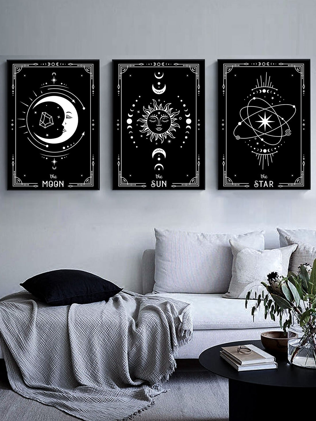 Add a touch of celestial beauty to your home decor with these 3pcs Sun &amp; Moon Pattern Print Canvas Posters. Made with high-quality materials, these posters feature stunning sun and moon designs for a unique touch to any room. The frameless design adds versatility and allows for easy customization.