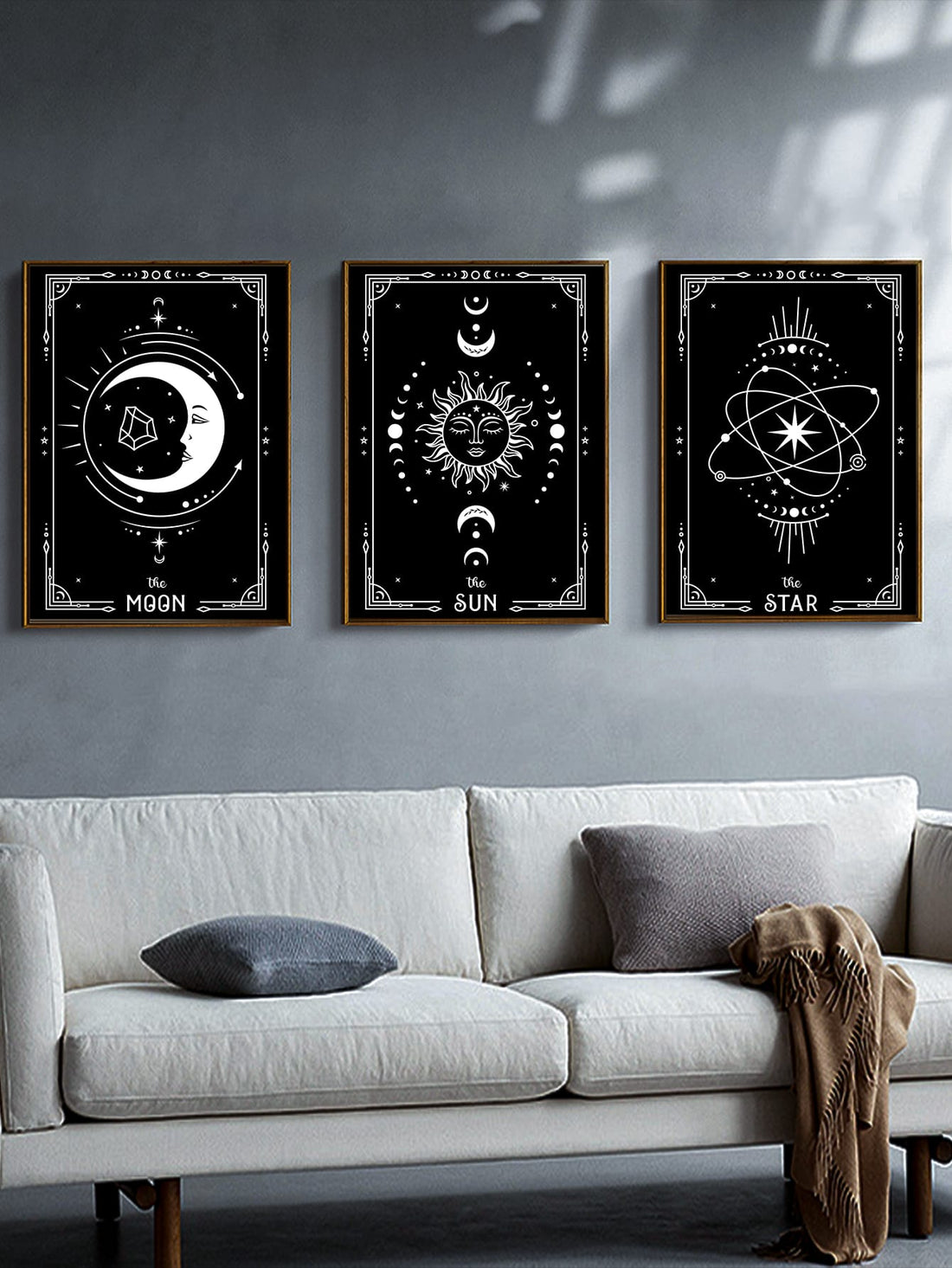 Add a touch of celestial beauty to your home decor with these 3pcs Sun &amp; Moon Pattern Print Canvas Posters. Made with high-quality materials, these posters feature stunning sun and moon designs for a unique touch to any room. The frameless design adds versatility and allows for easy customization.