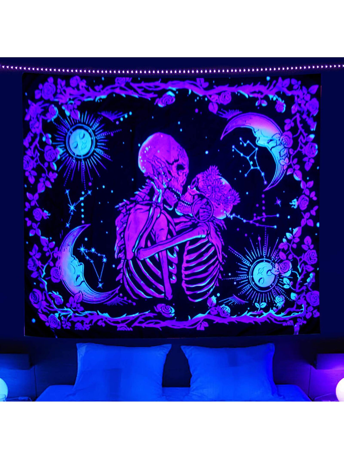 Enhance your room with the Sun, Moon, and Skull Kiss Tapestry. This unique UV light printed room flag offers a one-of-a-kind decor, perfect for any room. The intricate design depicts a mystical kiss between the sun, moon, and skull, creating a mystical and enchanting atmosphere. Elevate your space with this extraordinary tapestry.