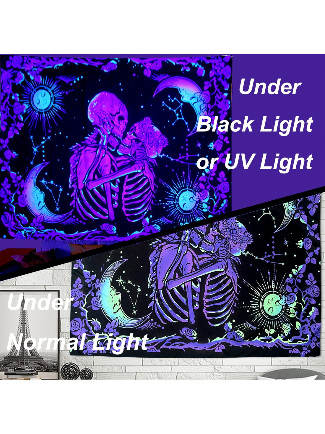 Enhance your room with the Sun, Moon, and Skull Kiss Tapestry. This unique UV light printed room flag offers a one-of-a-kind decor, perfect for any room. The intricate design depicts a mystical kiss between the sun, moon, and skull, creating a mystical and enchanting atmosphere. Elevate your space with this extraordinary tapestry.