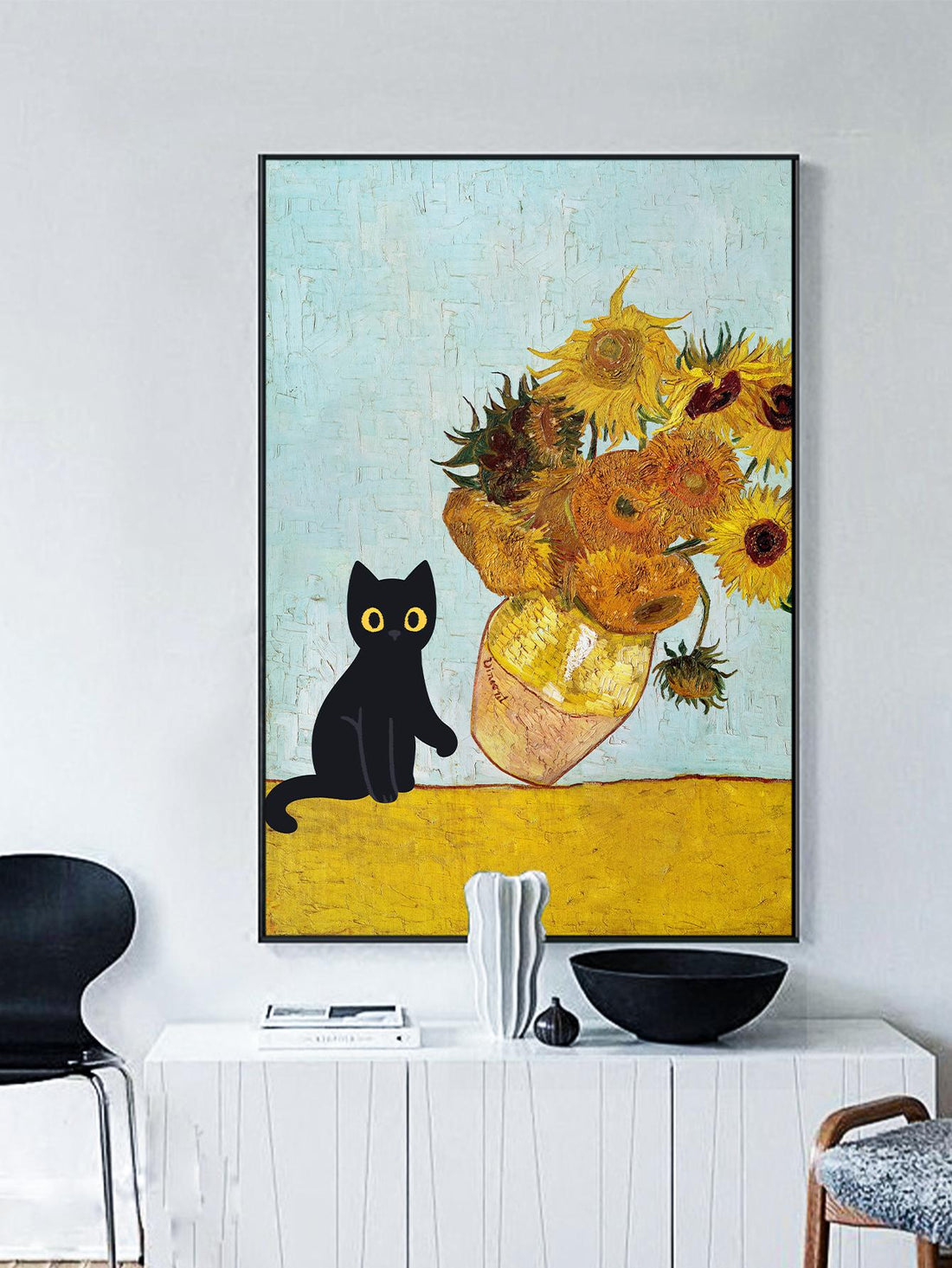 Introduce an air of whimsy to your living room with this unframed canvas oil painting featuring a black cat sitting amidst vibrant irises. Hand-painted and crafted with detail, this unique piece adds a playful yet sophisticated touch to your home decor. Elevate your space with this one-of-a-kind art piece.