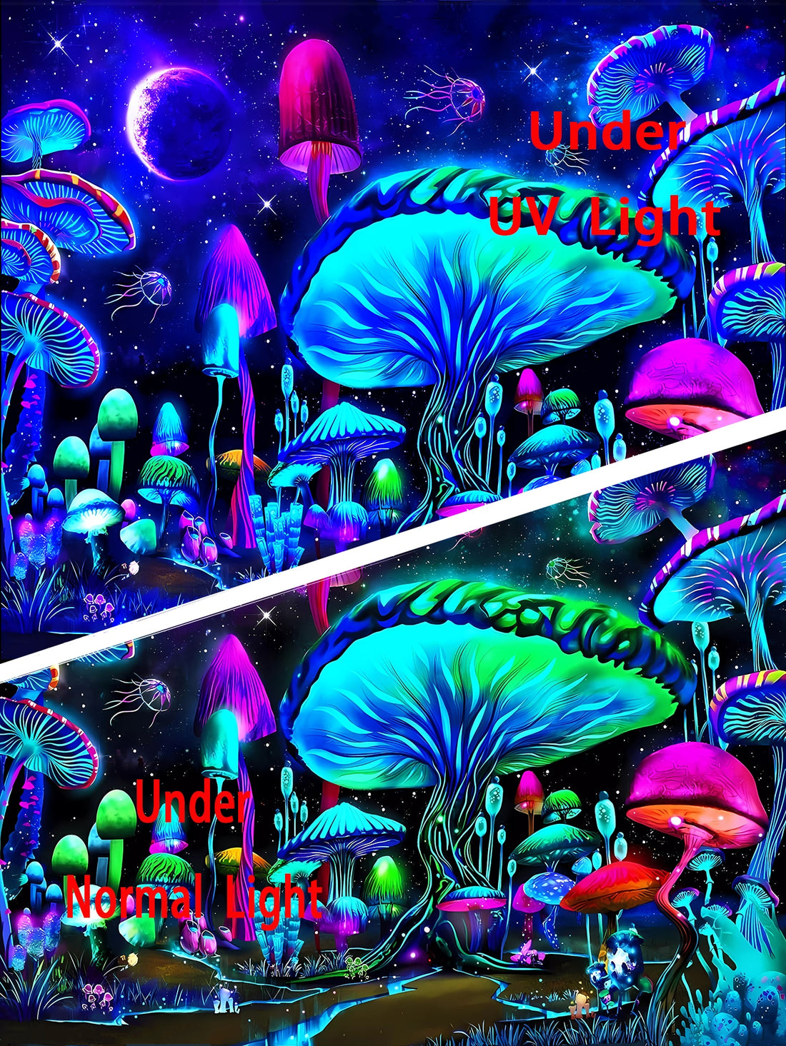 Mushroom Magic: UV Tapestry is the perfect addition to any home or office space. Its unique design brings a touch of nature indoors while its UV material adds a special glow. A must-have for any décor lover.