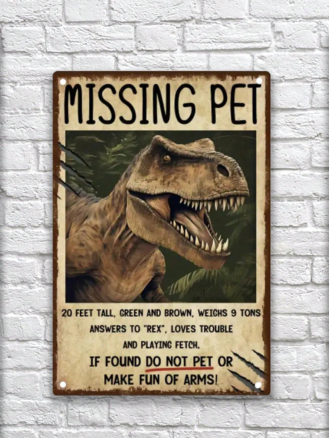 Add a touch of nostalgia with our vintage dinosaur metal sign, perfect for decorating your home or kitchen. Made with durable metal, this retro plaque will add a unique and charming touch to any space. Show off your love for dinosaurs with this decorative piece.